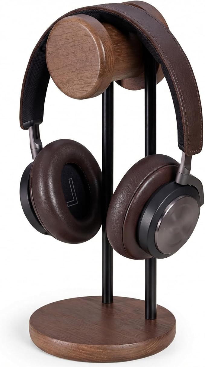 Fenge 11.3" Tall Headphone Stand for Desk, Nature Wood & Metal Headphone Holder with Storage Base, Desktop Headset Stand for Gaming Universal Headphones, Brown