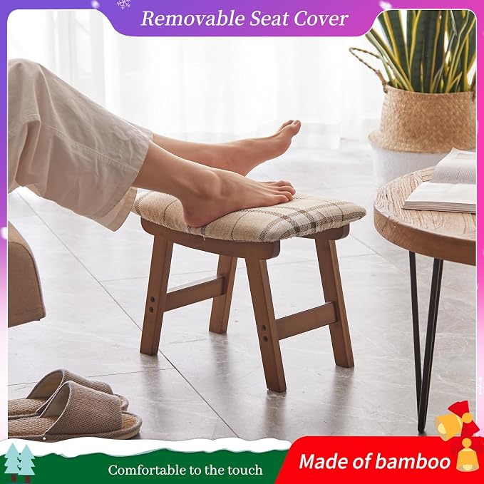Kitsanery Foot Stool,Ottoman,Bamboo Small Sofa Foot Rest Under Desk,Extra Seating for Living Room, Bedroom and Kitchen (Brown Stool Legs - Stripes Surface)