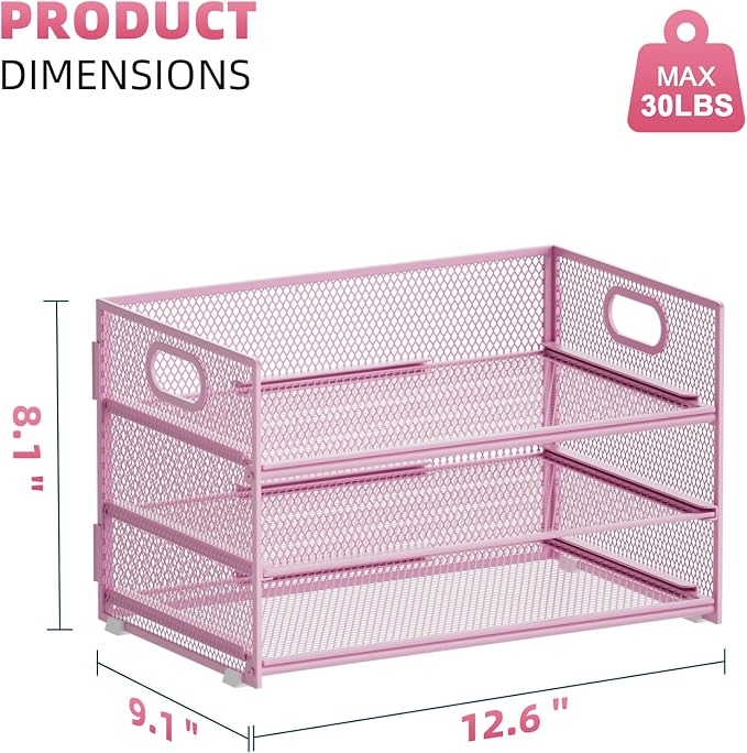 Marbrasse 3 Tier Paper Organizer Letter Tray, Mesh File Organizer with Handle, Paper Sorter Desk Organizer for Home Office Supplies(Pink)