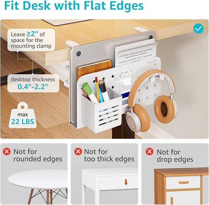 PEGZONE Desk Side Storage Organizer, No Drill Under Desk Laptop Holder, Clamp on Desks Shelf with Pegboard Accessories, Hanging Laptop Mount, Fits Flat Edge 0.4" to 2.2", White