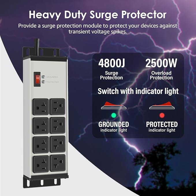 CCCEI Heavy Duty Power Strip Surge Protector 20 AMP Switch, 12 Gauge Extension Cord with Multiple Outlets, Industrial, Shop, Garage High Amp Wall Mount Electric Extender. 20FT, Grey.
