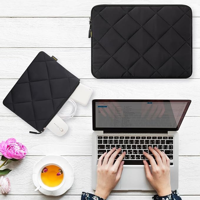LANDICI Puffy Laptop Sleeve Carrying Case 14 15 Inch Compatible with MacBook Pro 14/15, MacBook Air M2 15, Surface Laptop 4/5, Chromebook 14, Cute Computer Cover Bag with Accessories Pouch, Black