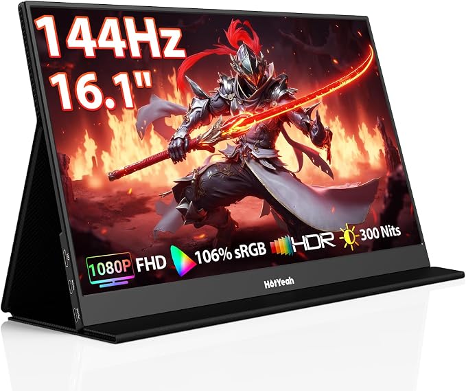 HotYeah Portable Travel Monitor, 16.1'' 144Hz 1080P FHD Portable Monitor, 106% sRGB HDR Display USB-C HDMI External Screen w/Smart Cover, 2nd Screen for Laptop, PC, Mac, Switch, PS5/4, Xbox