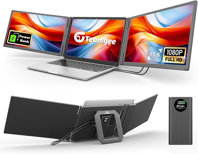 Teamgee 15.6" Laptop Screen Extender with Power Bank, FHD 1080P IPS Triple Monitor, HDMI/USB/Hub Plug-Play Display, Fits 13-17" Laptops (Mac/Windows/Android), Ideal for Home Office/Small Business