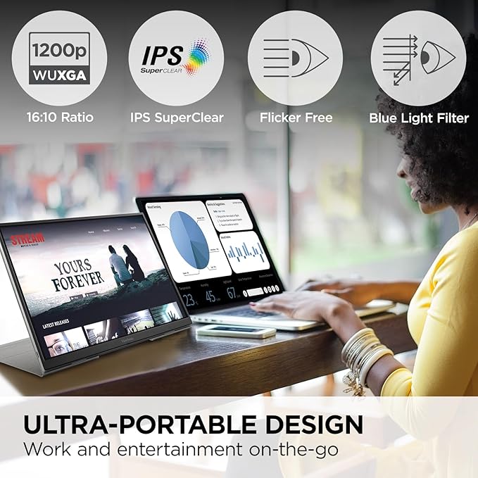 ViewSonic VG1656N 16 Inch 1200p Wireless Portable Monitor, IPS for Improved Workflows and Second Screen Productivity, Built-in Stand and Battery, 60W USB-C, and WiFi Dongle Inputs