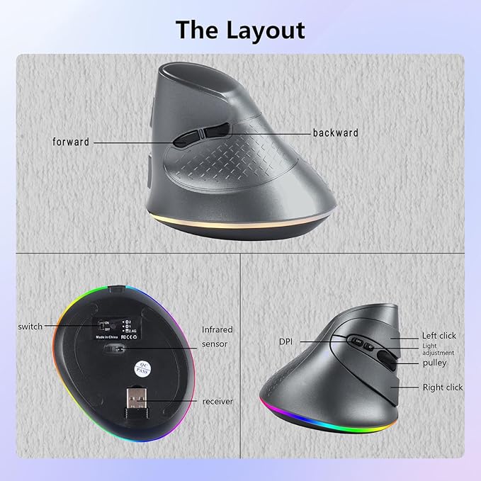Wireless Mouse, Vertical Ergonomic Mouse 2.4G Bluetooth Dual Mode 3 DPI Rechargeable Connect Multiple Devices Vertical Mouse 6 Buttons and RGB Lights Suitable for PC Laptop Computer(Grey)