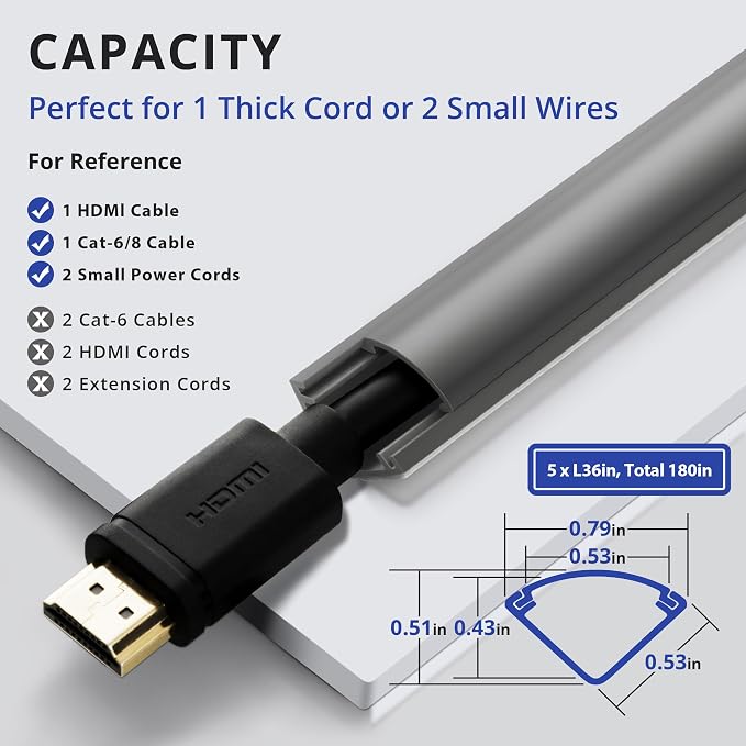ZhiYo Corner Cable Concealer, 180in (5 x L36in) Corner Cord Hider for One Cord, Wire Covers for Cords, Paintable Cord Cover, Cable Management Channel Raceway for Wall, Floor Baseboard, Ceiling, Grey