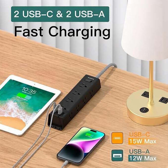 Addtam Black Power Strip Surge Protector with 12 AC Outlets & 4 USB Ports, 15FT Extension Cord, Flat Plug, Wall Mount, 1050J, Outlet Extender for Home Office Gaming Desk Setup, ETL Listed