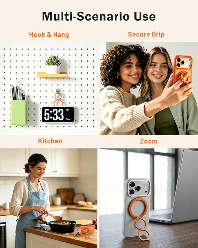 Phone Ring Holder for MagSafe,360°Rotation Magnetic Phone Grip Ultra-Thin & Lightweight Kickstand for iPhone 17/16/15/14/13/12 Series Orange