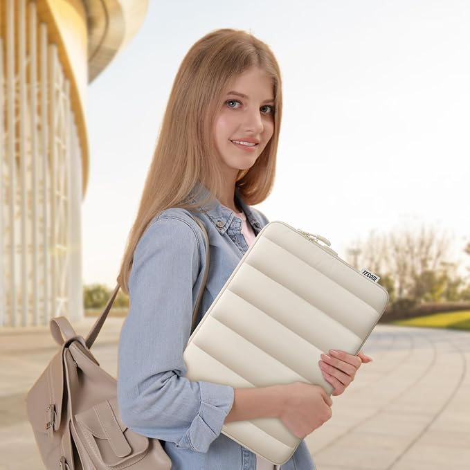 TECOOL Puffy Laptop Case 14 inch, Laptop Sleeve 14 inch for 14" Lenovo Thinkpad Ideapad HP EliteBook Pavilion Dell Chromebook,Protective Waterproof Sleeve MacBook Air 15 M5-M1 2026 2025,Beige