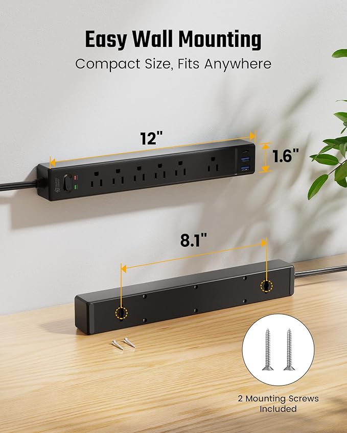 15Ft Long Extension Cord, SUPERDANNY Flat Plug Surge Protector Power Strip, 6 Outlets & 3 USB Ports, Desk Charging Station for Home Office, College Dorm Room Essentials