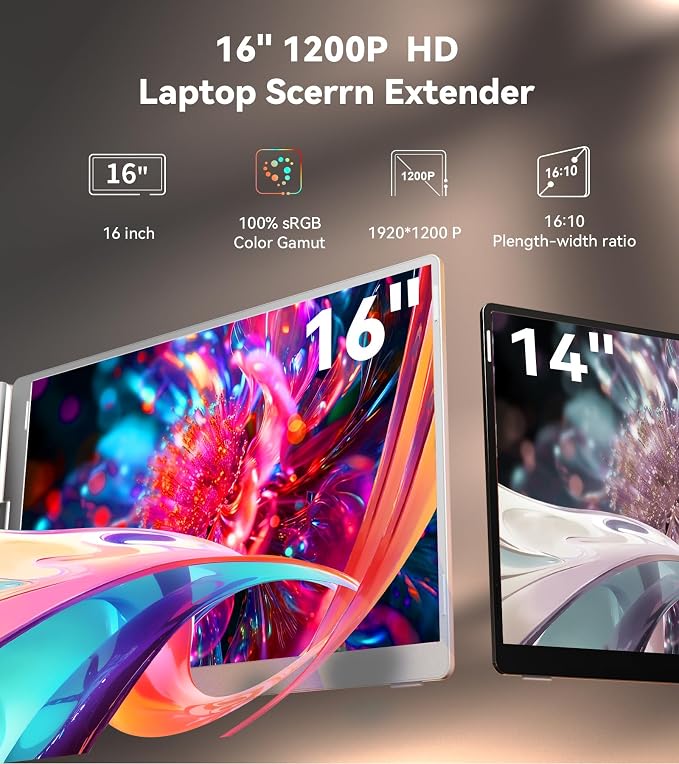 16" Laptop Screen Extender Monitor Portable, Quad Monitor, Just 1 Cable for 3 Screens, FHD 1080P IPS Laptop Extender Compatible with Wins/Mac for 13.6" - 18.5" Laptops