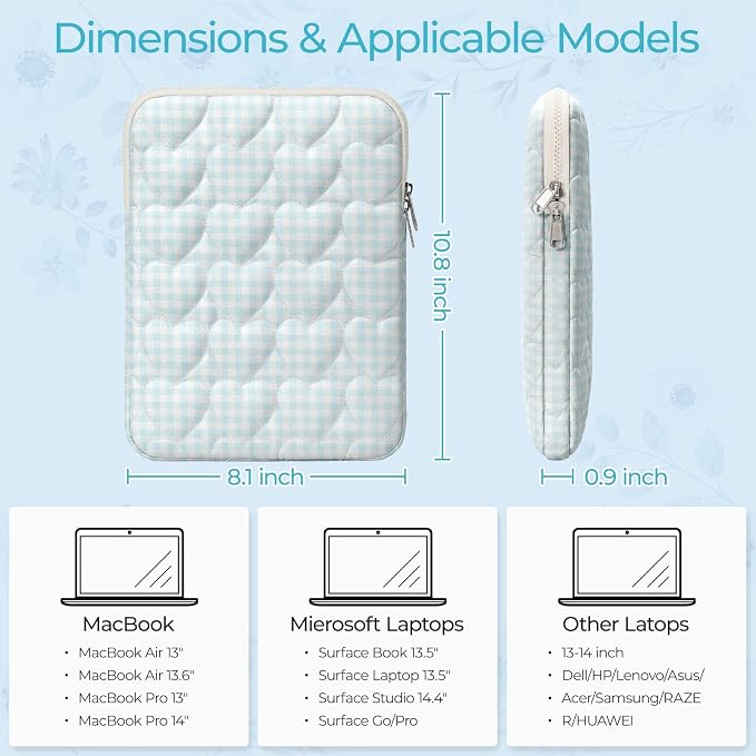 13-14 inch Cotton Quilted Laptop Sleeve for Women, Aesthetic Puffy Laptop Case Carrying Bag Compatible with MacBook Air/Pro 13/Pro 14, Soft Computer Liner Bag (Blue Gingham, 11.6 inch)