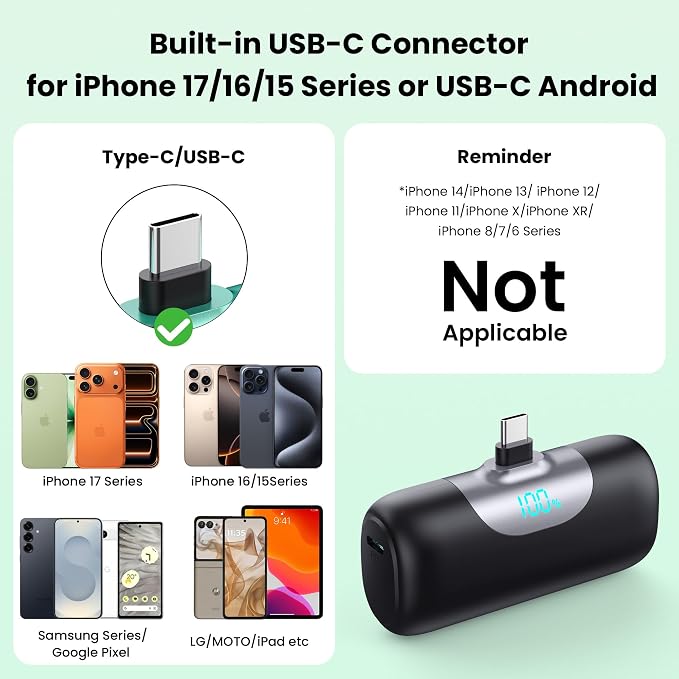 [2-Pack] 5500mAh Portable Charger for iPhone 17/16, LCD Display USB C Mini Power Bank,PD Fast Charging Lipstick Sized Battery Pack for iPhone 17/16/15 Pro Max, Galaxy S25/S24, Pixel (Black+Sliver)