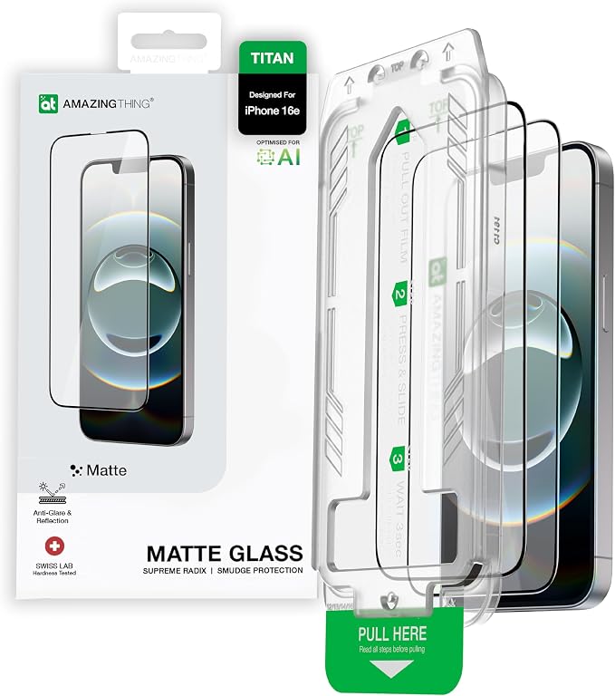 AMAZINGthing for iPhone 17 [Titan Filter 7 - Full Glass] Screen Protector, 9H Tempered Glass, Full Coverage, Case‑Friendly, Oleophobic, Alignement Frame, 2 Pack (Anti-glare&reflexion Matte, iPhone 16e/17e)