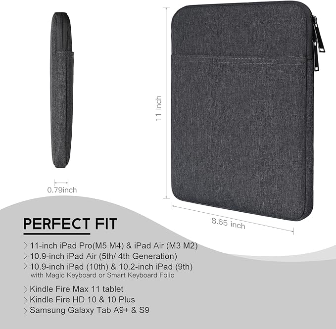 10 Inch Tablet Sleeve Case for Samsung Galaxy Tab A9+ Plus 11", 10.9 Tab S9 FE, Lenovo Tab M9 M10 P10 10.1, 11 in iPad Pro M5 M4, iPad Air M2 M3 M4, A16, iPad 10.9, 10.5 iPad Air w/Magic Keyboard