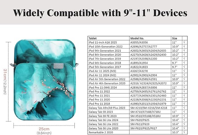 TiMOVO 9-11 Inch Tablet Sleeve Bag with Shoulder Strap for iPad 11-inch A16 2025, iPad 10th Gen. 10.9"/10.2", Galaxy Tab A9+/A11Plus 11", Cloud Peacock Blue