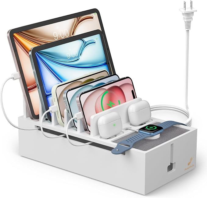 Pezin & Hulin Bamboo Charging Dock Station for Electronic Devices, Docking Organizer for Phone and Tablets, Smart Watch, Earbuds, Power Strip Box (Included 5-Port USB Charger and 6 Cables) -White