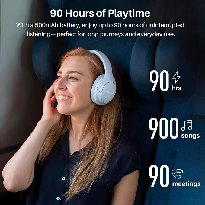 TOZO HT3 Hybrid Noise Cancelling Headphones, 90H Battery Life Wireless Over Ear Bluetooth 6.0 Foldable Headset, AI Voice Assistant with 5 Mics, Connect 2 Devices & Hi-Res Sound, 32 Audio EQ, with Case
