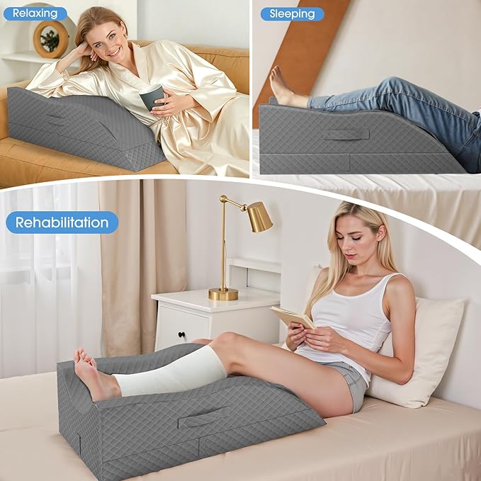 TranquilRelax Elevation Pillows for Leg After Surgery, Memory Foam Adjustable Wedge Pillow for Injury or Rest, Ankle Pillow for Sleeping Blood Circulation Full Grey/Single Leg