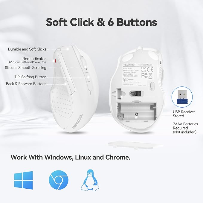 TECKNET Wireless Mouse, 2.4G Ergonomic Optical Mouse, Computer Mouse for Laptop, PC, Computer, Chromebook, Notebook, 6 Buttons, 24 Months Battery Life, 2600 DPI, 5 Adjustment Levels - White