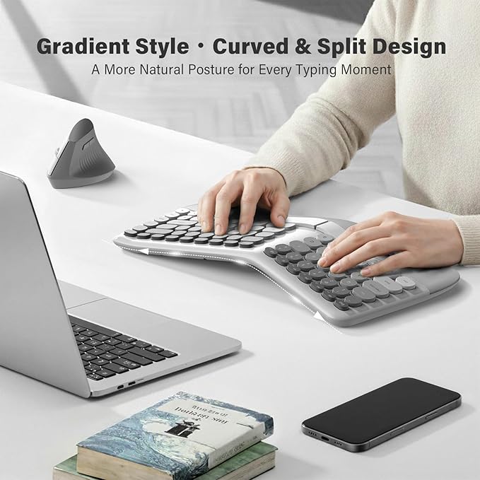 MOFII Wireless Ergonomic Keyboard & Mouse Combo – Split Curved Keyboard with Wrist Rest (All-Day Comfort) + Wireless Vertical Ergonomic Optical Mouse, Compatible with PC/Laptop/Desktop