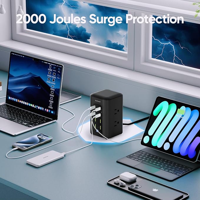 TenTrend Power Strip Tower, 350W Total Fast Charging Station for Multiple Devices, 5FT Extension Cord Tower with 6 Outlets 8 USB(4 USB C), 2000J Surge Protector for Home Office, Dorm Essentials