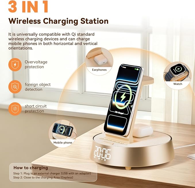 6 in 1 Wireless Charging Station with Alarm Clock, Bluetooth Speaker, FM Radio, Night Light for Bedroom Office, Wireless Charger Dock Station for iPhone 17 16 15 14 13 12 Pro Max,Apple Watch, AirPods