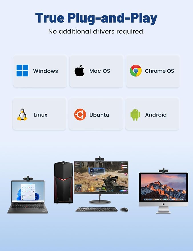 RUWBY UHD 4K Webcam with Built-in Dual Mics, Wide-Angle Lens, Privacy Cover, Tripod Stand, Autofocus PC Camera, Plug and Play for Desktop Computer or Laptop