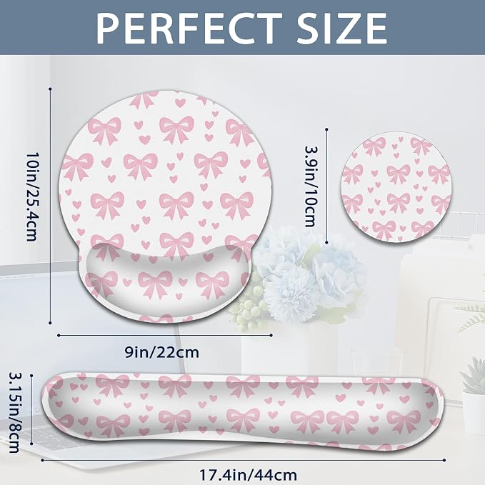 Cute Bow Wrist Rest Mouse Pad and Keyboard Support Set,Pink Heart 3 in 1 Ergonomic Memory Foam Mousepad with Non Slip Base, Gaming Mouse Pad for Office and Home