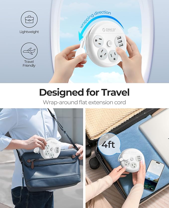 ORICO Travel Power Strip with USB Ports, 4 ft Flat Extension Cord 3 Outlets 3 USB Ports, Portable Flat Plug Power Strip Outlet Extender for Travel, Cruise Approved - White