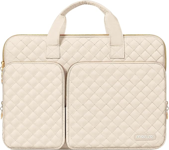 MOSISO 360 Protective Laptop Case 13.3 inch, 13-13.3 inch Laptop Sleeve Compatible with MacBook Air/Pro 13/Pro 14,HP Dell ASUS Lenovo, Square Quilted Bag Cover with 2 Pockets&Handle&Belt, Sand