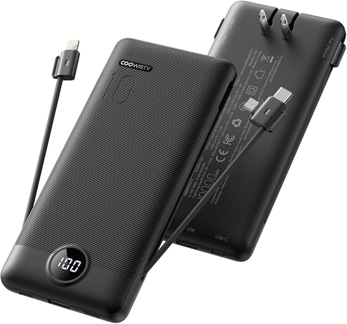 Portable Charger with Wall Plug, Slim USB C Power Bank with Built-in Cables, 10000mah LED Display External Battery Pack Compatible with iPhone/Android & More (Black)