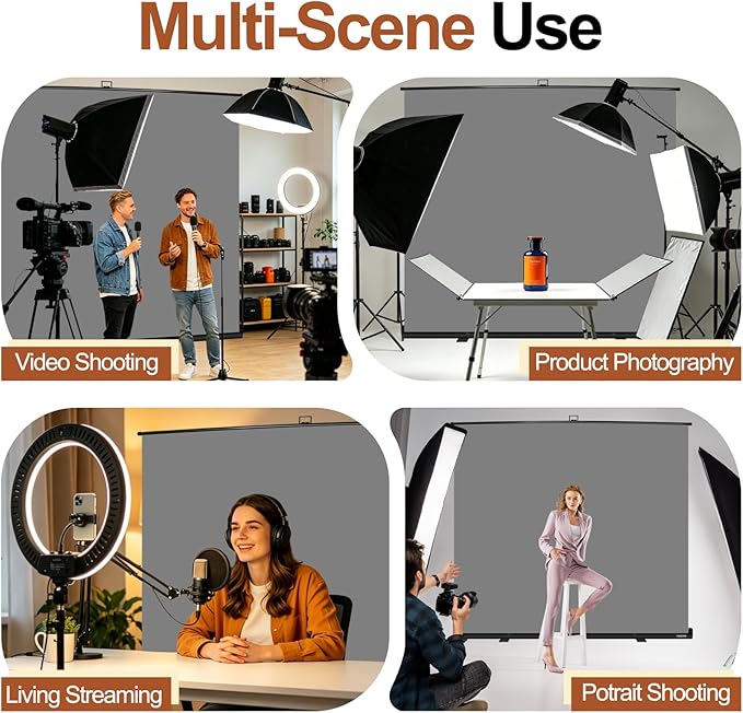 FUDESY 78.7 x 90in Large Collapsible Grey Backdrop Screen, Portable Retractable Pull Up Panel Wrinkle-Resistant Photo Background for Streaming, Video Conference, Photographic Studio