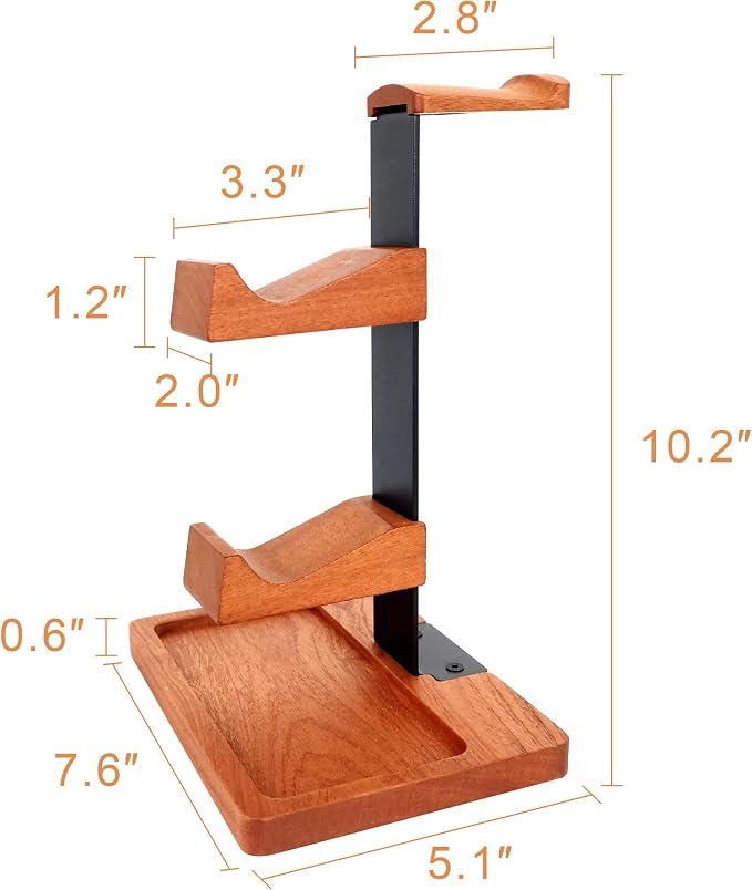 Headset Stand with Dual Controller Holder, Solid Wood Headphone Stand with Storage Base, Gaming Equipment Accessories for Desk