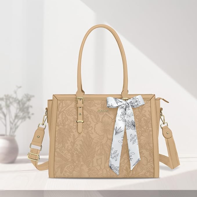 MOSISO Laptop Bag for Women, 17-17.3 inch PU Leather Tote Bag Compatible with MacBook, HP, Dell, Asus Notebook, Front Embossed Retro Hibiscus Computer Bags with Silk Scarf&Clutch Purse, Apricot