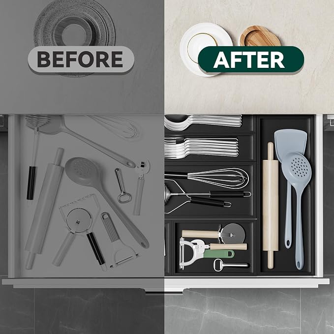 Lixple Bamboo Drawer Organizer, Small Silverware for Kitchen Drawer, Stackable Utensil Organizer, 2 Pcs Flatware Organizer, Wooden Storage Box Tray (Black, 6 X 3 X 2 Inch)