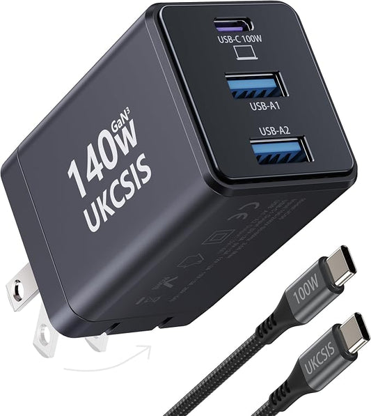 140W USB C Laptop Charger Block, Foldable 3-Port GaN Fast Charger, Type C Charging Block, Fast Charging Adapter for MacBook Pro/Air, iPad, iPhone, Samsung Galaxy (Grey)