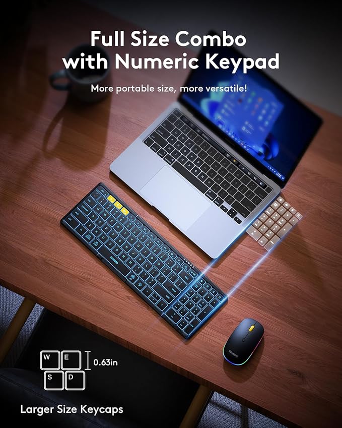 Foldable Keyboard and Mouse, Samsers Folding Bluetooth Keyboard Combo, 2.4G + BT5.0 x 2, Full-Size Portable Travel Keyboard & Rechargeable Wireless Mouse for Windows Android iOS Mac OS, Black
