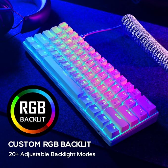 RK ROYAL KLUDGE RK61 60% Mechanical Keyboard with Coiled Cable, 2.4Ghz/Bluetooth/Wired, Bluetooth 61 Keys, Wireless RGB Hot Swappable Brown Switch Gaming Mini Keyboard with Software - White