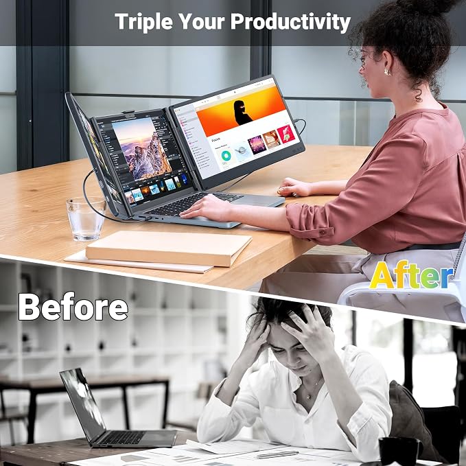 Ygretyrjh Laptop Screen Extender, 14" Triple Portable Monitor for Laptop, 1080P FHD IPS Screen Extender Monitors for 13"-17", Travel Monitor for Mac/Windows/Chrome, Built-in Speakers