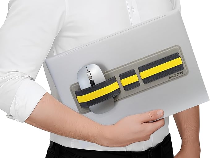 AMOZIFY® Space-Efficient Anti-Slip Organizer, Mouse Holder for Laptop Stick On, 3-Slot Band Laptop Pocket Adhesive | Hard Drive Holder (Gray-Yellow)