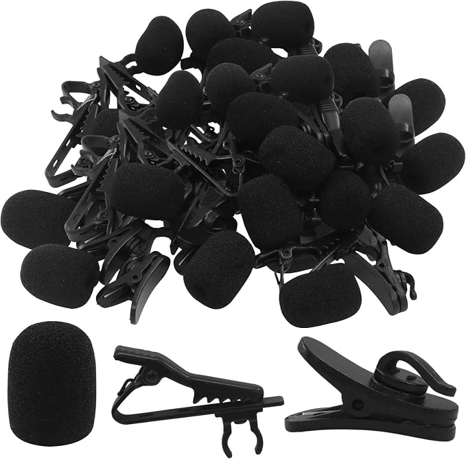 12 Pcs Lavalier Microphone Clips Replacement Kit with 12 Pcs Foam Windscreen Covers, 12 Pcs Plastic Wire Clips for Voice Recording, Video Conferencing, Online Meetings and Video Creators
