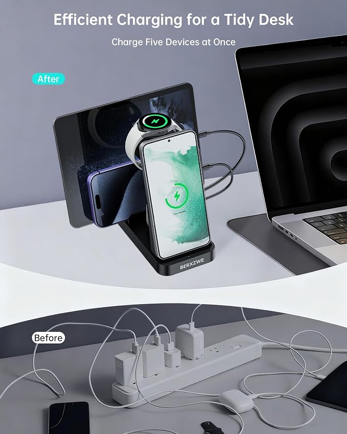 Wireless Charger for Samsung, 5 in 1 Fast Charging Station Dock Stand Compatible with Galaxy S26 Ultra S25 S24, Galaxy Watch 8 7 6 5 4, Multi Devices Wireless Charger for Samsung Phone Watch Earbuds