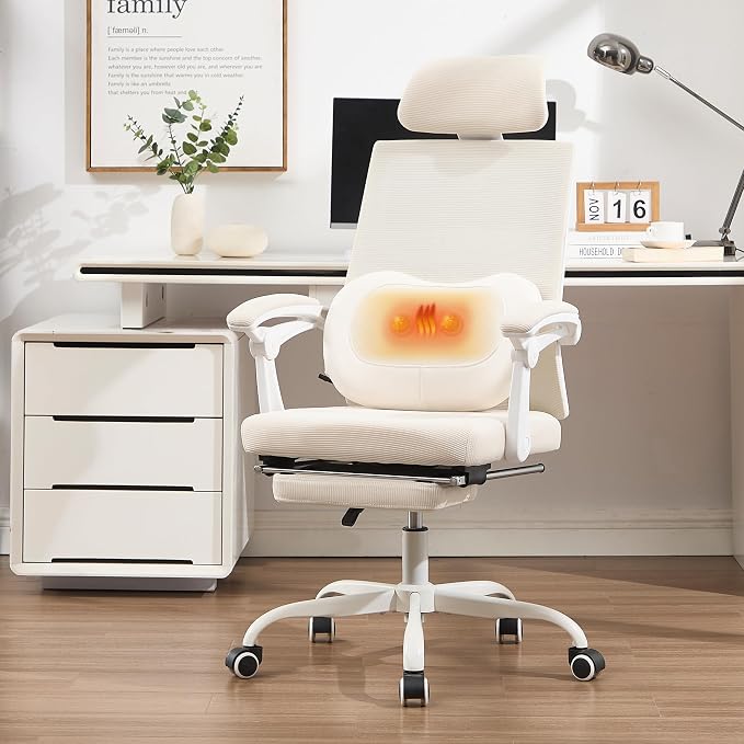 Qulomvs Ergonomic Office Chair with Massage&Heated Lumbar Support, Kneading Massage Office Chair with Foot Rest, Reclining Home Office Desk Chair Adjustable Mesh Computer Desk Chair with Wheels