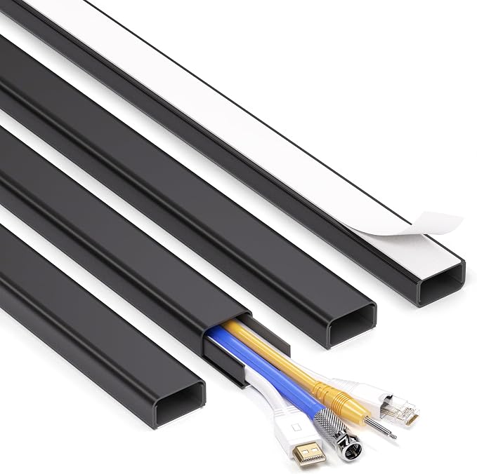66in (4X L16.5in) Large Wire Hiders for TV on Wall for 3-4 Cords - ZhiYo PVC Cable Cover Kit with Pre-Applied Adhesive Tape, Ideal for Wall Mounted TVs Home Office, W1.2in x H0.7in Black