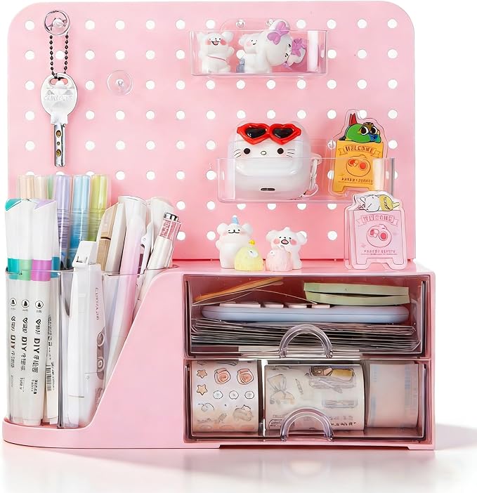 Comix Desk Organizer with Drawer, 360° Rotating Pen Holder for Desk, Pen Organizer with 5 Slots Pencil Holder+Pegboard+2 Drawer for Office Home Art Supplies (Pink)
