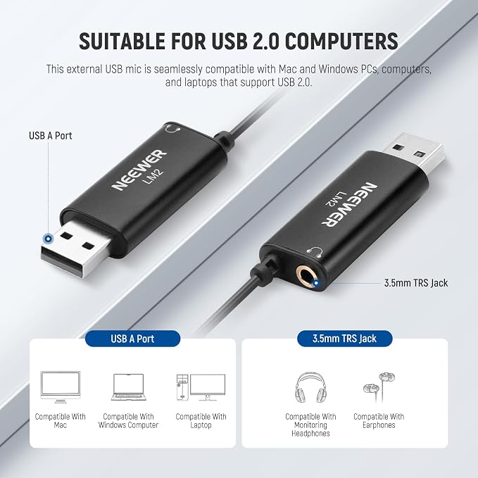 NEEWER USB Lapel Microphone, Plug & Play Mini Omnidirectional Clip On Lavalier Mic with 3.5mm Monitoring Headphones Jack for USB 2.0 Mac Windows PC Laptop Computer YouTube Skype Podcast Gaming, LM2