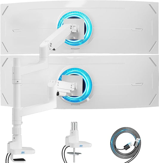 ARES WING Dual Monitor Arm for Ultrawide Heavy Duty Curved Monitor Stacking, Fits 17-49 Inch, Vertical Gas Spring Double Monitor Stand with USB, Adjustable Dual Monitor Mount for Desk, White