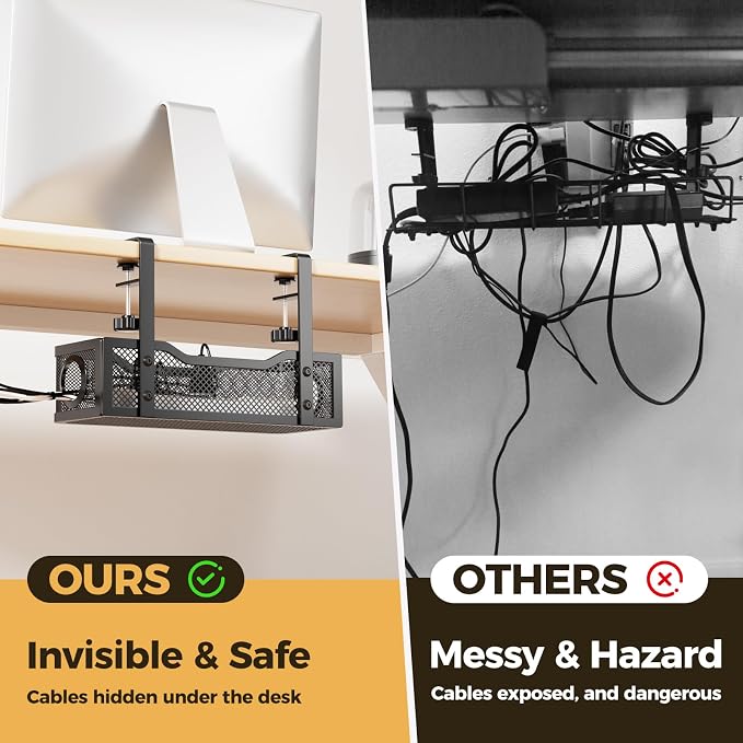 Under Desk Cable Management Tray Black, Cinati Wire Organizers No Drill, Cable Tray with Clamp for Wire Management, Cord Organization Box for Office, Home - No Damage to Desk